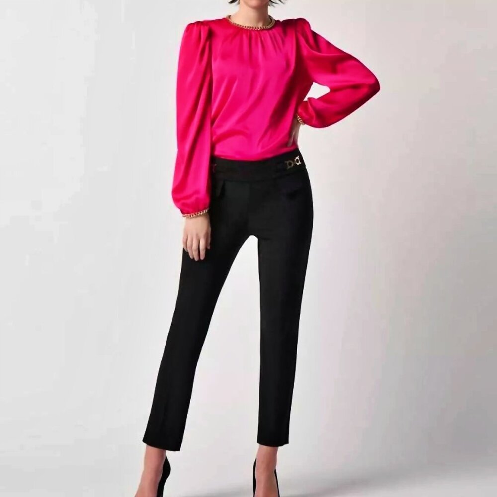 JOSEPH RIBKOFF satin puff sleeve top with gold chain in shocking pink